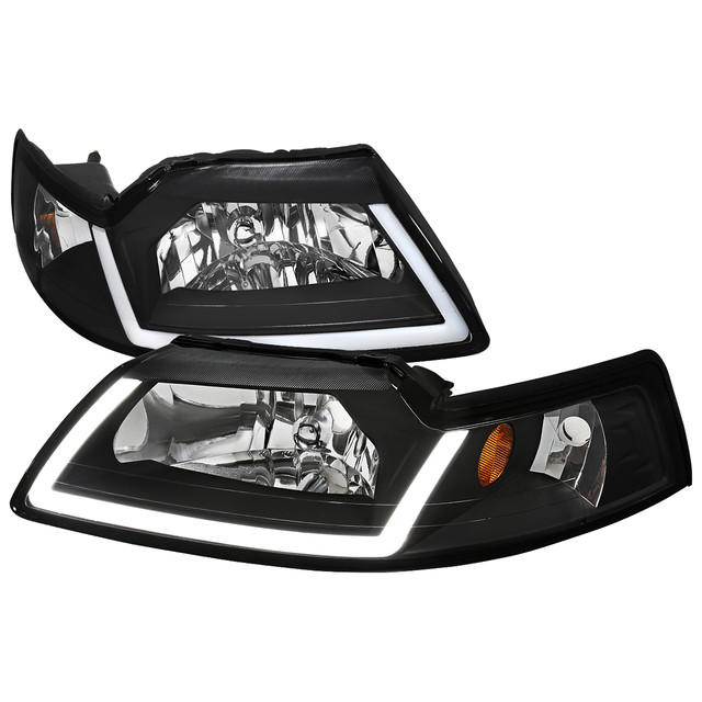 Spec-D Tuning Mustang LED Bar Factory Style Headlights w/ Amber Reflector - Matte Black Housing, Clear Lens (1999-2004) - Image