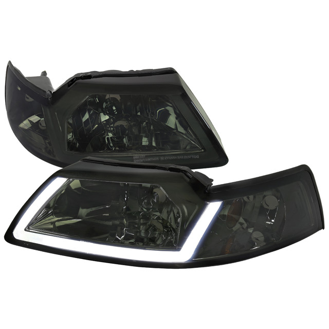 Spec-D Tuning Mustang LED Bar Factory Style Headlights w/ Amber Reflector - Chrome Housing, Smoked Lens (1999-2004) - Image