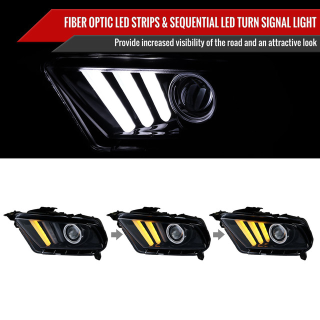 Spec-D Tuning Mustang  Sequential LED Bar Projector Headlights - Gloss Black Housing, Smoked Lens (2010-2014) - Image