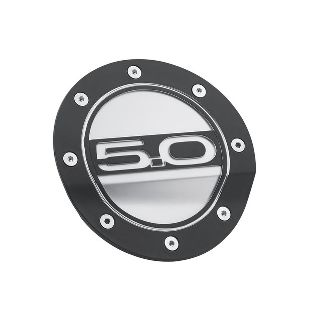 Drake Mustang Fuel Door Comp Series Matte Black w/ Silver Accents And 5.0 Logo (2015-2023) - Image Drake Mustang Fuel Door Comp Series Matte Black w/ Silver Accents And 5.0 Logo (2015-2023) - Image