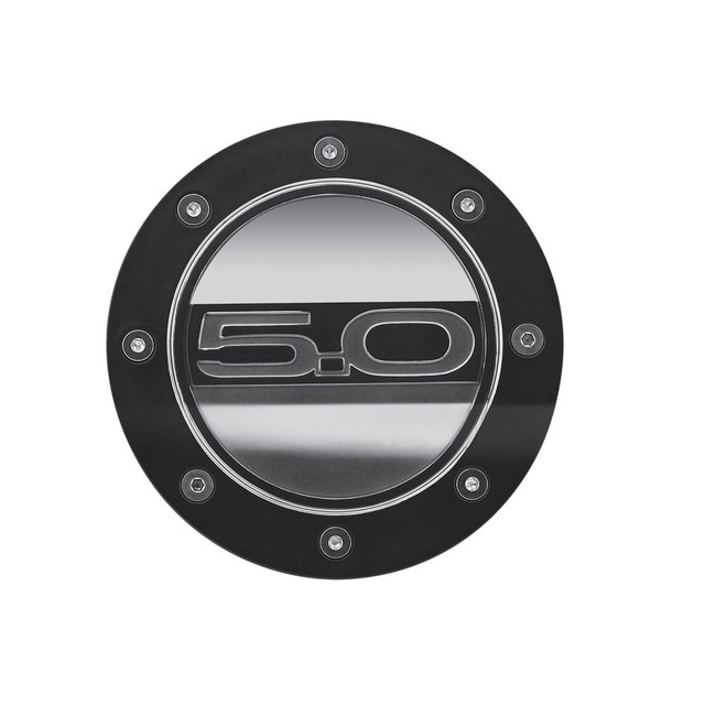 Drake Mustang Fuel Door Comp Series Matte Black w/ Silver Accents And 5.0 Logo (2015-2023) - Image Drake Mustang Fuel Door Comp Series Matte Black w/ Silver Accents And 5.0 Logo (2015-2023) - Image