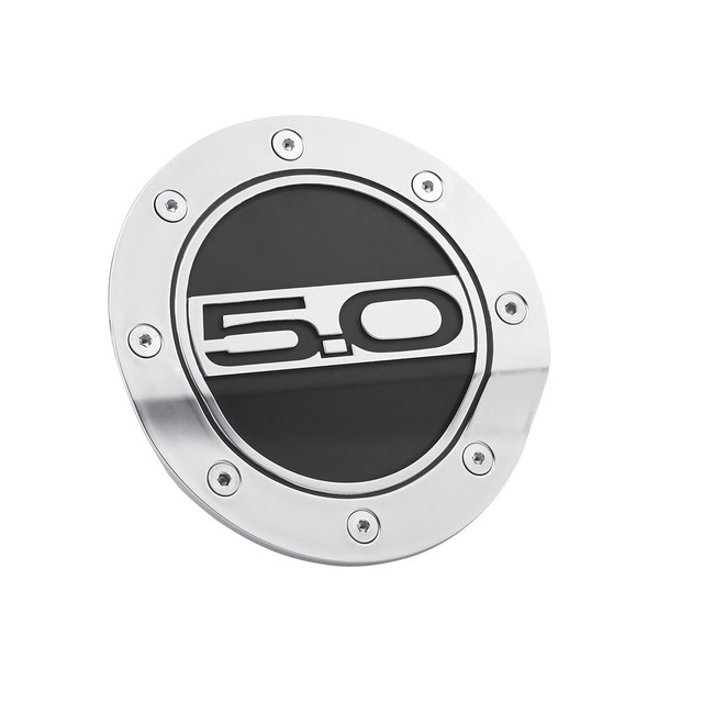 Drake Mustang Fuel Door Comp Series Silver w/ Matte Black Accents And 5.0 Logo (2015-2023) - Image Drake Mustang Fuel Door Comp Series Silver w/ Matte Black Accents And 5.0 Logo (2015-2023) - Image