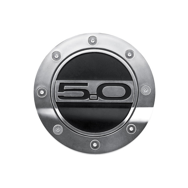 Drake Mustang Fuel Door Comp Series Silver w/ Matte Black Accents And 5.0 Logo (2015-2023) - Image Drake Mustang Fuel Door Comp Series Silver w/ Matte Black Accents And 5.0 Logo (2015-2023) - Image