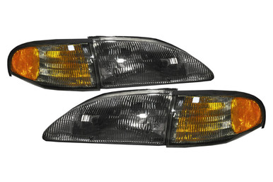 Black Smoke Headlights & Corner Lamps For 1994-1998 Ford Mustang (1-Piece Style)