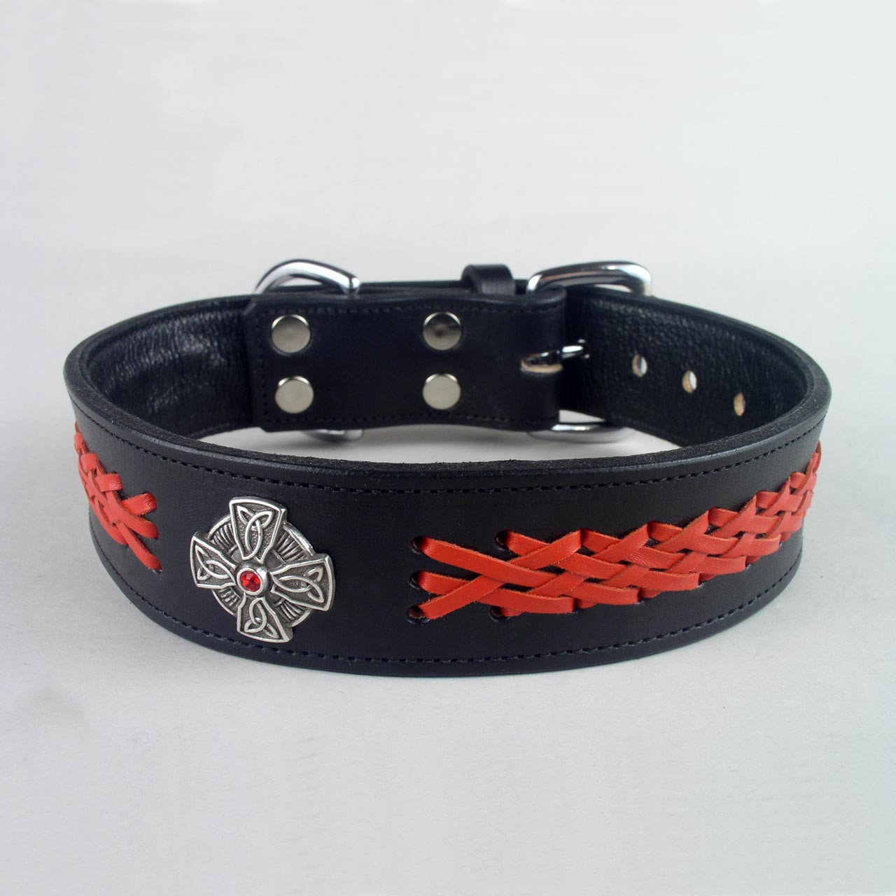 Luxury Designer Dog Collar Beige Leather & Red Stones 