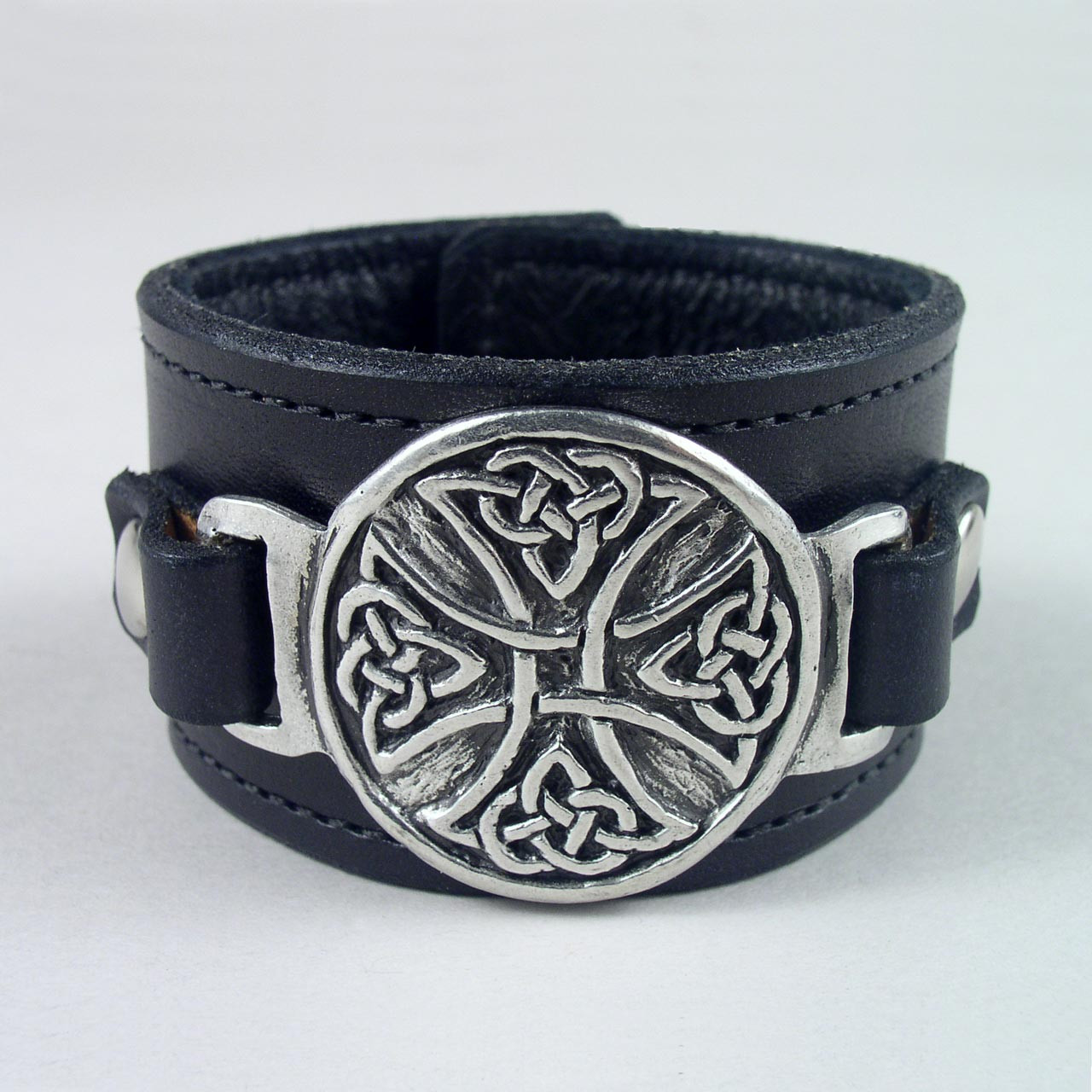 Celtic Cross Pewter Leather Wristband 1 1/2