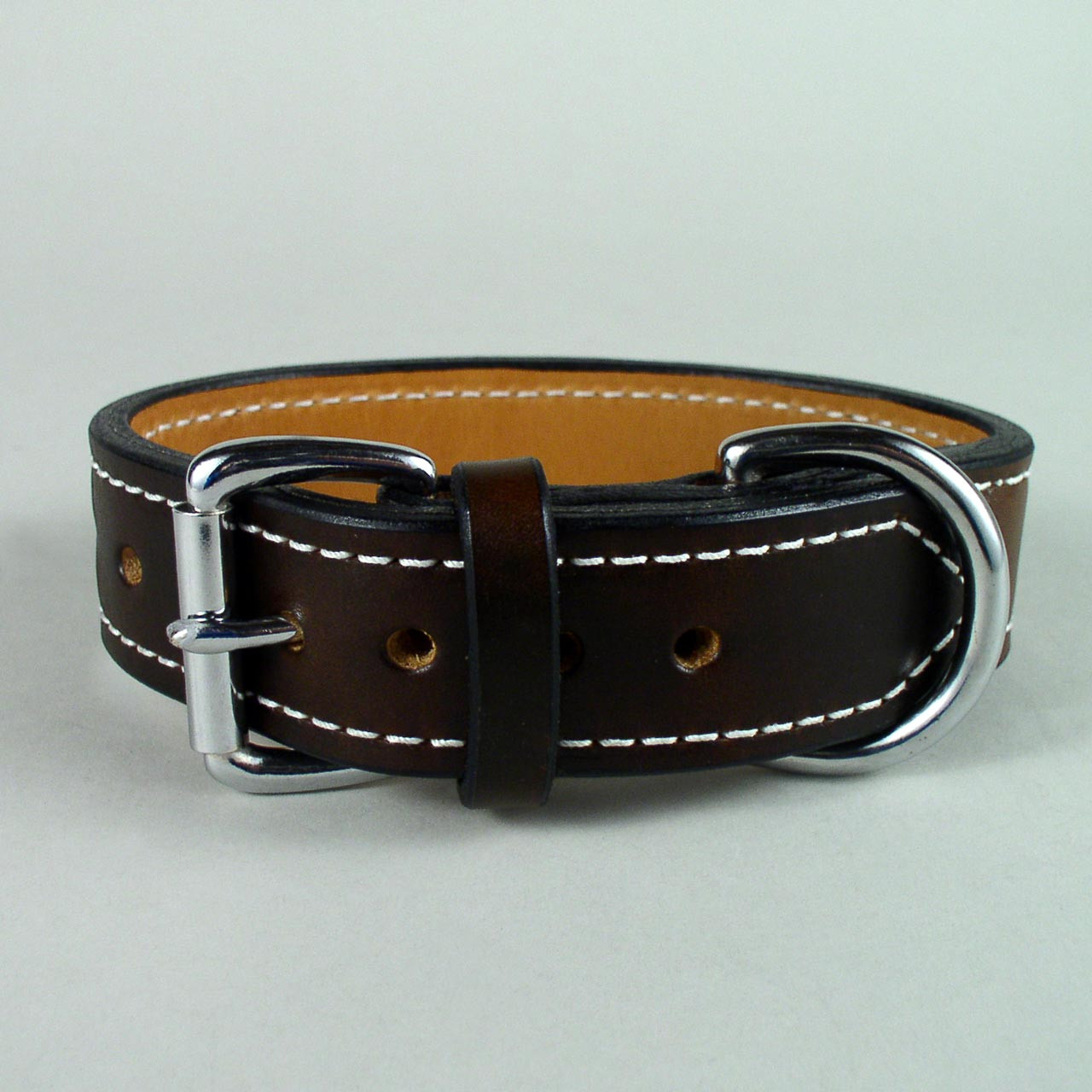 Black Dog Collar with Brown Leather + Black and Ivory Stitching