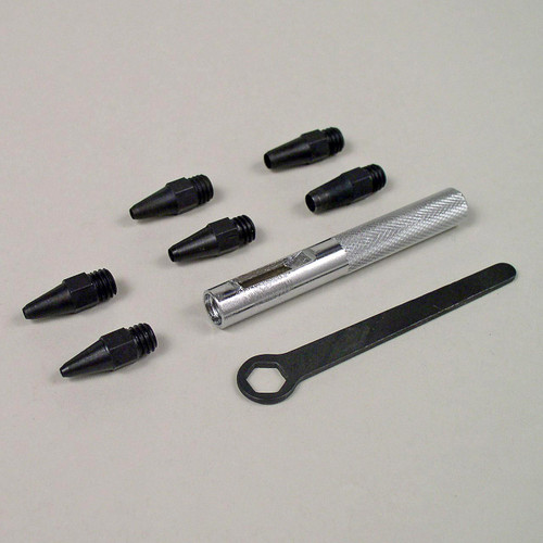 This leather hole punch tool set includes six interchangeable tubes, a sturdy steel handle, and a wrench. 