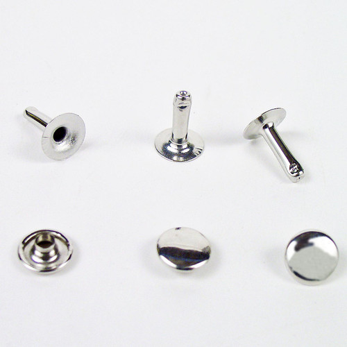 Large single cap rivets nickel plated to secure leather products.