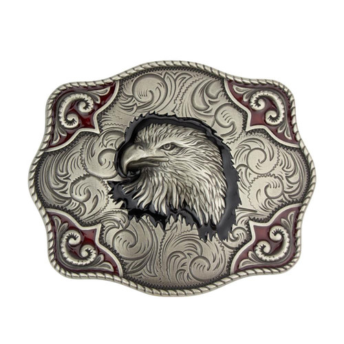 This Eagle Head Trophy Buckle has an antique tin finish with a red inlay and fits up to 38mm (1-1/2 inch) leather straps.