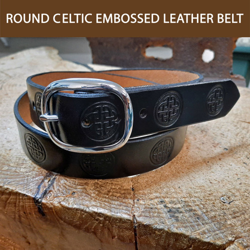 This leather belt made in Canada by Leathersmith Designs is hand embossed with a Celtic design.