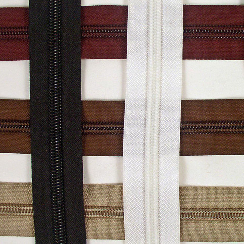 Nylon coil continuous zipper YKK #8 size 5/8 inch available in black, burgundy, medium brown, beige and white.