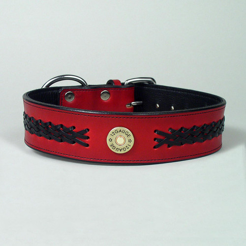 Black leather lace braiding decorates handcrafted red leather dog collar.