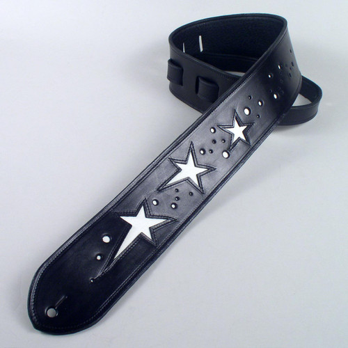 White leather star inlays gives a unique style to this full grain leather guitar strap.