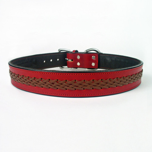 Red leather dog collar braided with brown lace.
