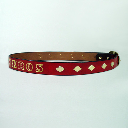 Gold diamond studs adorn this imprinted name leather belt.