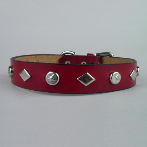Red leather studded collar for your dog.
