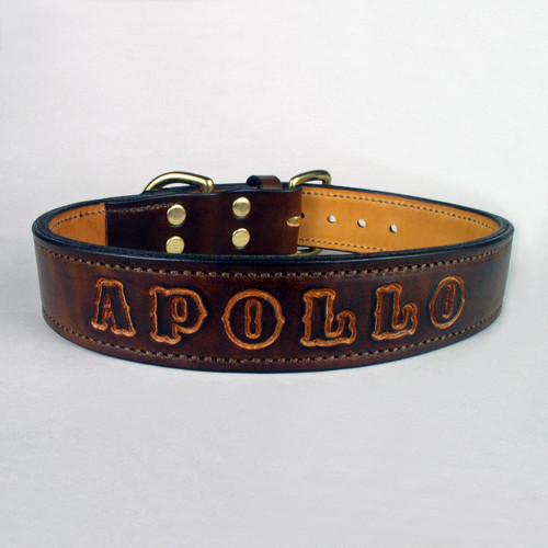 Brown imprinted tough dog collar with undyed name.