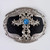 Cross trophy buckle with black leather inlay will fit 1 1/2 inch wide belts.