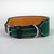 Green leather tapered dog collar sewn with white harness thread.