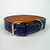 Blue sturdy leather dog collar sewn with with white harness thread.