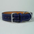 Blue leather tough dog collar with white stitching.