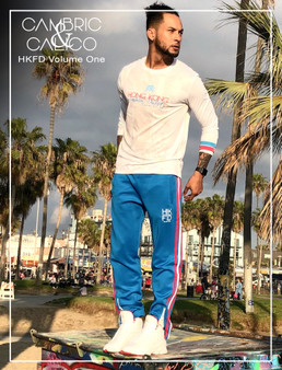 Model Carlos Standing Tall in The HKFD Blue Striped Sweatpants