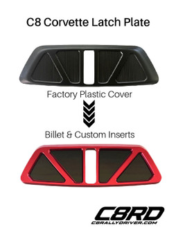 Corvette C8 Latch Plate, Anodized Red Finish, Carbon Flash Inserts by C8RallyDriver Designs, Fits all 2020+ Corvette C8 Coupes and Hard Top Convertibles, Custom CNC Billet 6061 Aluminum, Stingray, Z51, Z06, Eray, ZR1