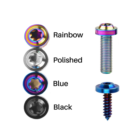 Torq head titanium screws.  Choose from stealth black, polished, blue or rainbow titanium kits.  2020+ C8 Corvette Titanium Screws Mounting Hardware