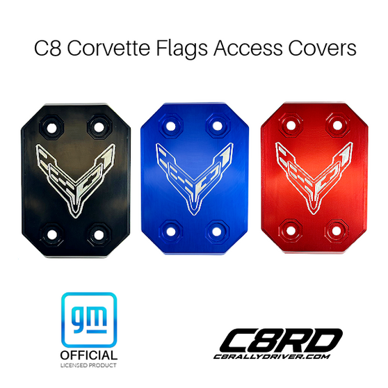 C8RallyDriver GM Officially Licensed Corvette Flags Engraved Logo Access Covers are the perfect gift or custom accessory for the Corvette Stingray, Z51, Z06, ZR1, ERay owner.  Available in anodized red, blue and black surface finishes with engraved Corvette Flags Logo.