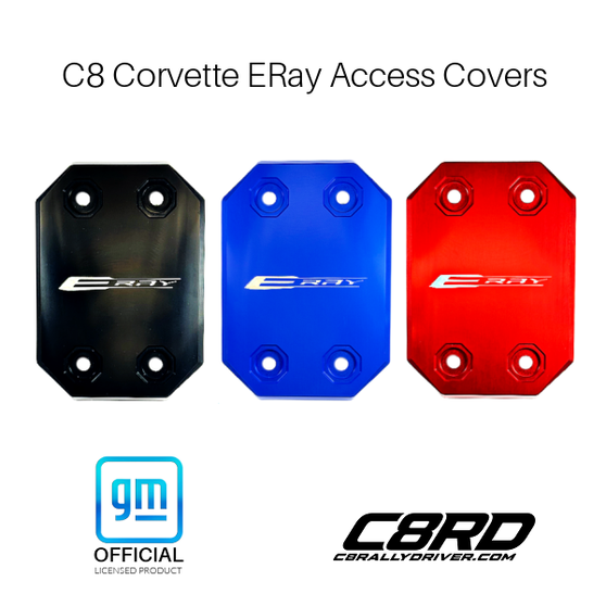 C8 Corvette E-Ray Access Covers, engraved E-Ray logo, anodized red, blue and black, GM Officially Licensed