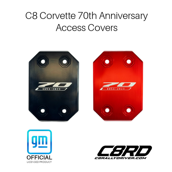 C8RallyDriver GM Officially Licensed Corvette 70th Anniversary Engraved Logo Access Covers are the perfect gift or custom accessory for the Corvette Stingray, Z51, Z06, ZR1, ERay owner.  Available in anodized red and black surface finishes with engraved Corvette 70yh Anniversary Logo.