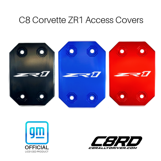 C8 Corvette ZR1 Access Covers, engraved ZR1 logo, anodized red, blue and black, GM Officially Licensed