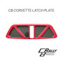 Corvette C8 Latch Plate, Anodized Red Finish, Carbon Fiber Inserts, by C8RallyDriver Designs, Fits all 2020+ Corvette C8 Coupes and Hard Top Convertibles