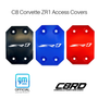C8 Corvette ZR1 Access Covers, engraved ZR1 logo, anodized red, blue and black, GM Officially Licensed