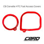 C8RallyDriver C8 Corvette HTC Fast Access Covers are the perfect gift or custom accessory for the Corvette Stingray, Z51, Z06, ZR1, ERay, Grand Sport owner.  Available in anodized red, blue, black and clear silver surface finishes for all hard top convertible C8 Corvettes. Clear acrylic window allows viewing of custom fluid caps and engine bay upgrades. Anodized red.