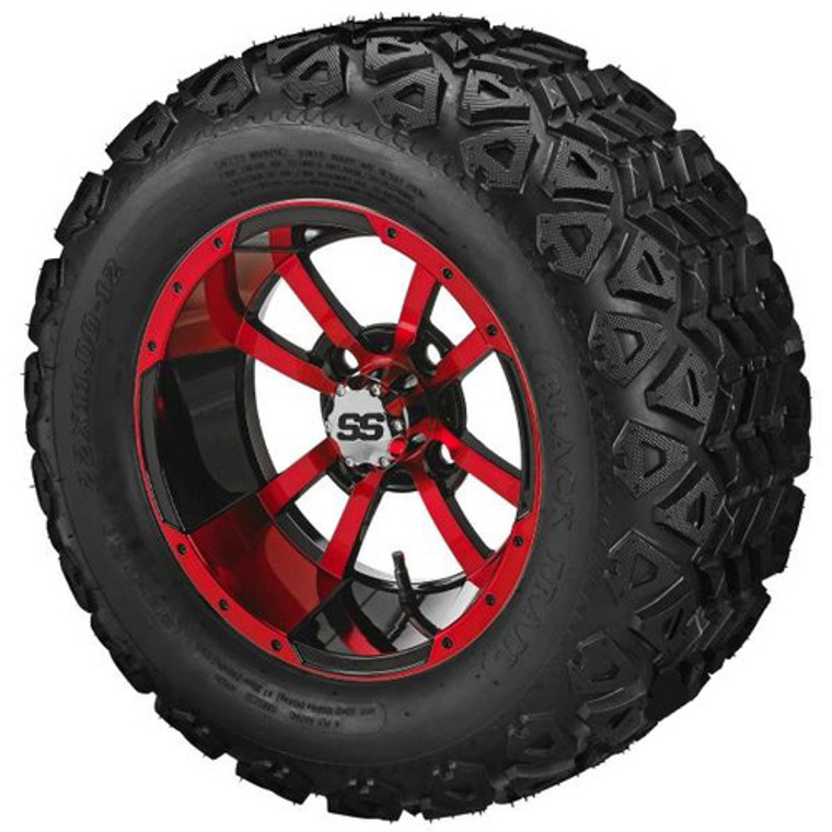LSI Maltese Cross 3:4 Offset 12X7 Red/Black with 20X10.5-12 All Terrain Tires Set of 4