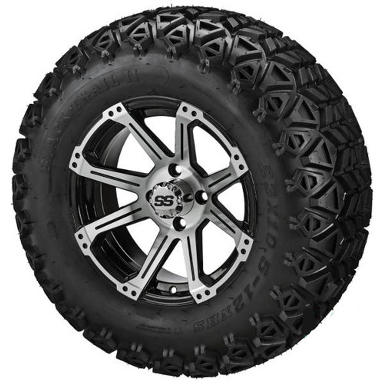 LSI Rampage Machined/Black 12X7 3:4 Offset with 23X10.5-12 All Terrain Tires Set of 4