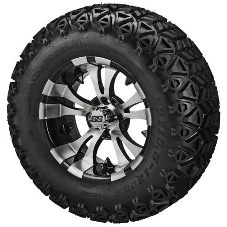 LSI Warlock Black/Machined 12X7 3:4 Offset with 23X10.5-12 All Terrain Tires Set of 4