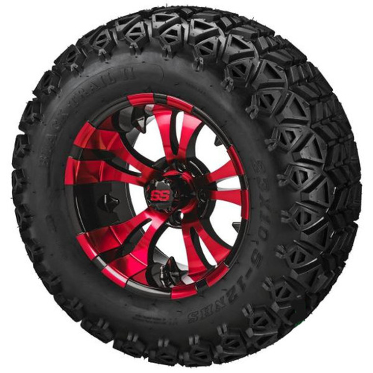 LSI Warlock Black/Red Accents 12X7 3:4 Offset with 23X10.5-12 All Terrain Tires Set of 4
