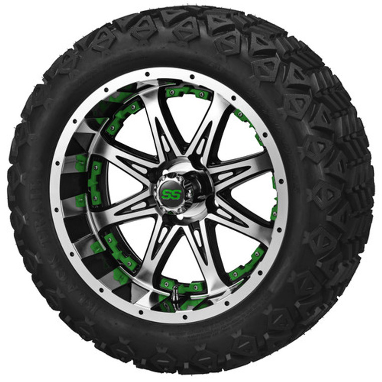 LSI Revenge Machined Black w/Green Inserts 12X7 2:5 Offset with 23X10.5-12 All Terrain Tires Set of 4