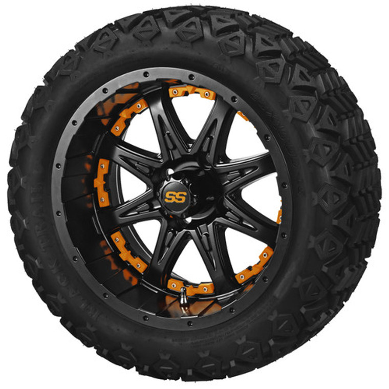 LSI Revenge 12" Matte Black with Orange Inlay on 23X10-12 All Terrain Tires  Set of 4