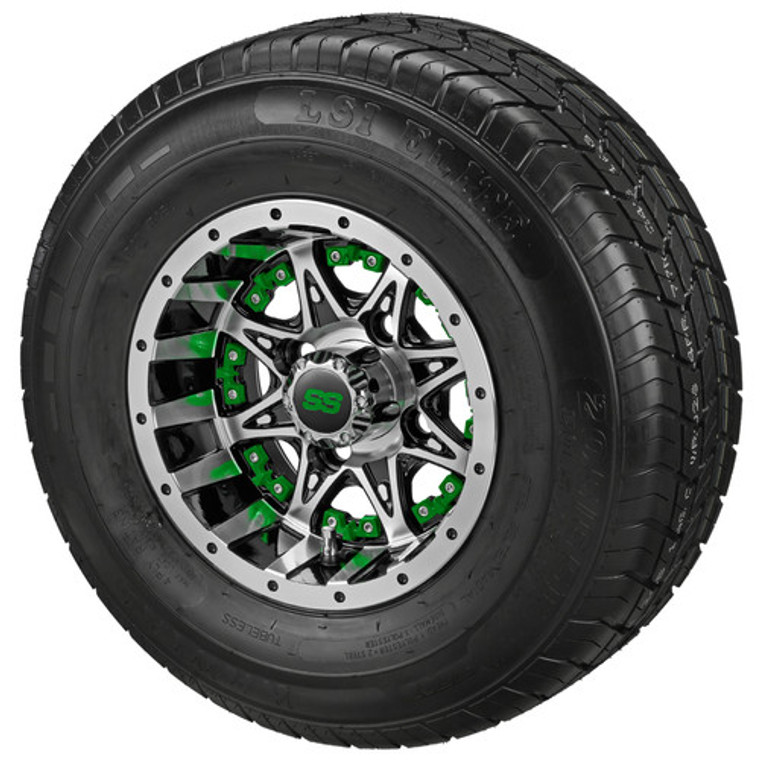 LSI Revenge Machined/Black Green Inserts with 205/50-10 Street Tire Set of 4