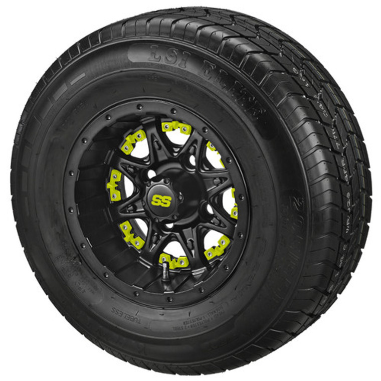 LSI 10X7 Revenge Matte Black Yellow Insert with 205/50-10 Street Tire Set of 4