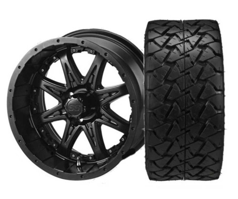 14" Revenge Matte Black with 22 X 10 -14 Trail Fox All Terrain Tire Set of 4