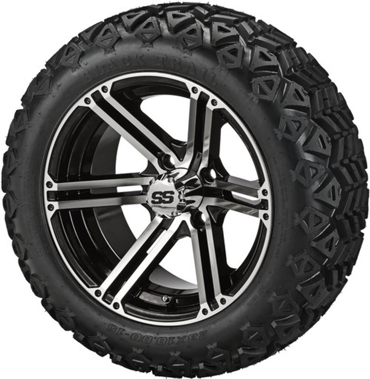 LSI 15X7 Yukon Machined Black Golf Cart Wheel and Tire with 23X10.5-15 All Terrain Tire Set of 4
