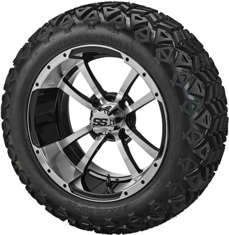 LSI 15X7 Maltese Cross Machined Black with 23X10.5-15 All Terrain Tire Set of 4