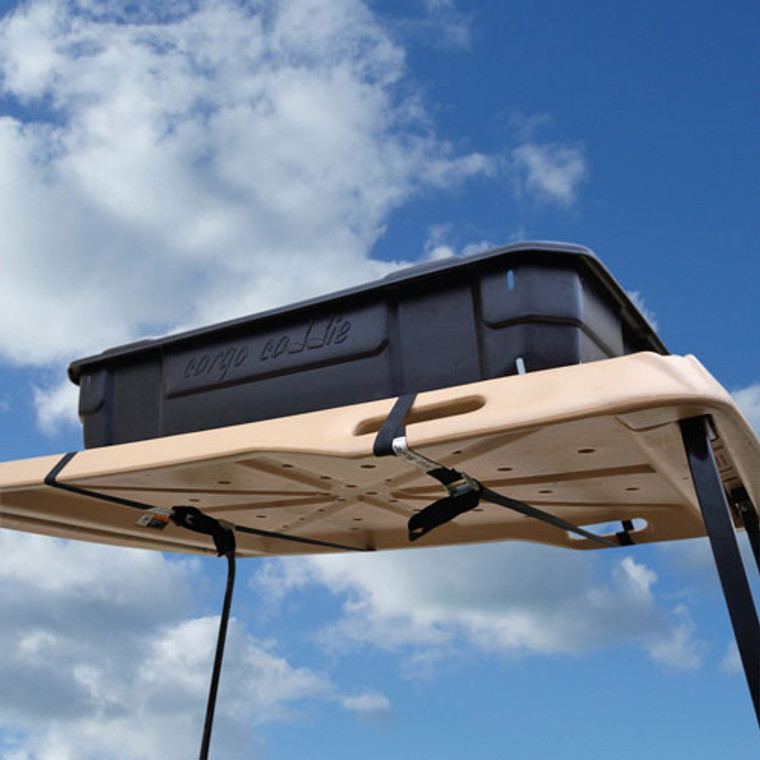 Lightweight hard plastic cargo box fits on top of flip seat cargo bed.