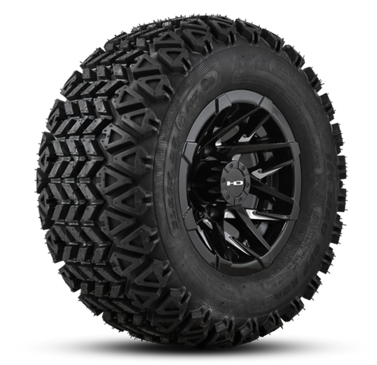 HPD Canyon 10" Gloss Black Milled Face Golf Cart Wheel with 22X10-10 All Terrain Tire Set of 4