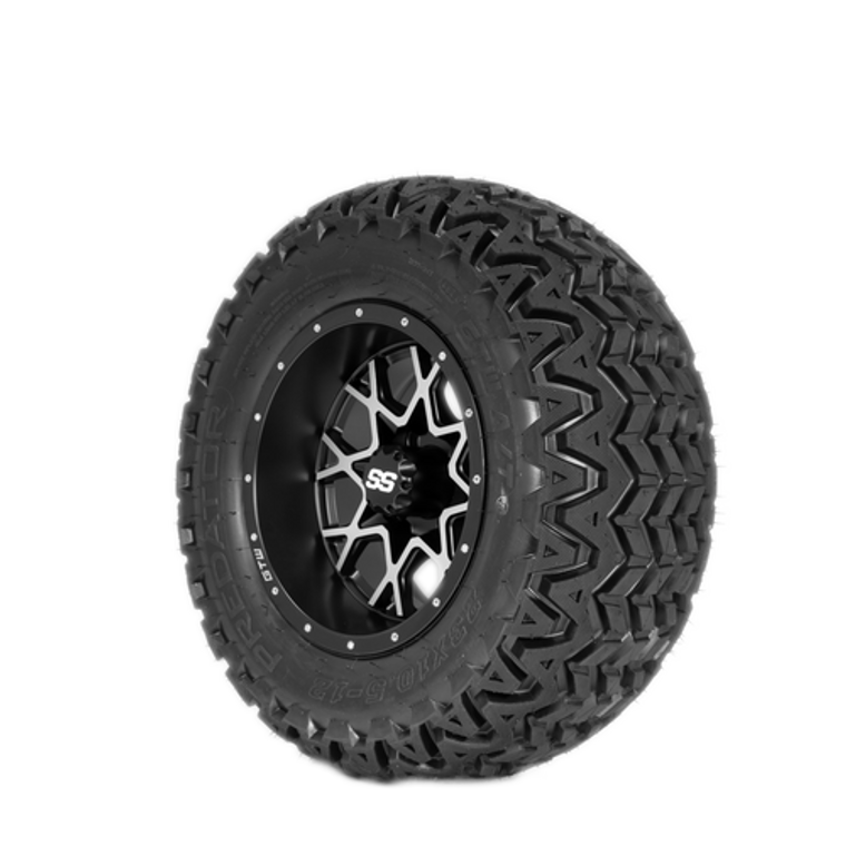 Vortex 12" Matte Black/Machined Finish with 23X10.5-12 Predator Tire Set of 4
